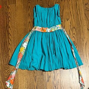Vibrant Teal Kids Dress with Floral Belt